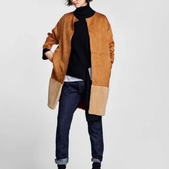 Zara Longline Oversized Faux Suede Sherpa Cognac Camel Jacket - Picture 2 of 15